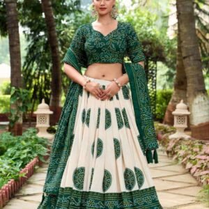 White Dola Silk Lehenga Choli with Forest Green Blouse | Bandhej & Patola Print | Wedding & Festive Wear
