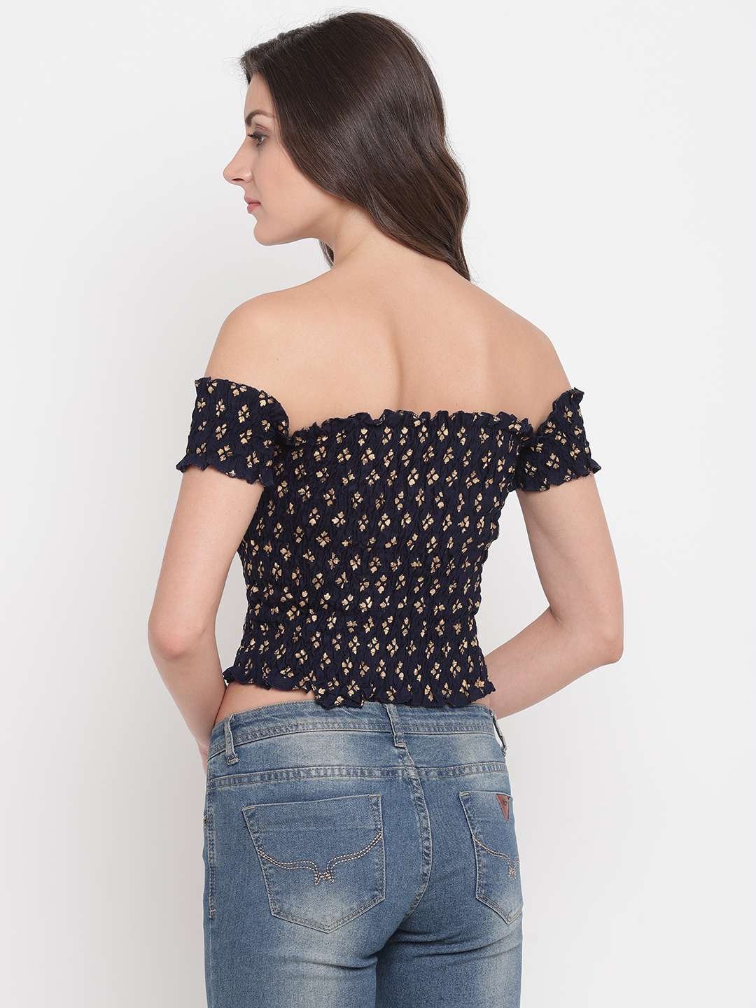 Women's Rayon Printed Off-Shoulder Smocked Crop Top Short Sleeve Casual Styles Tank Top (FREE SIZE) Multi12
