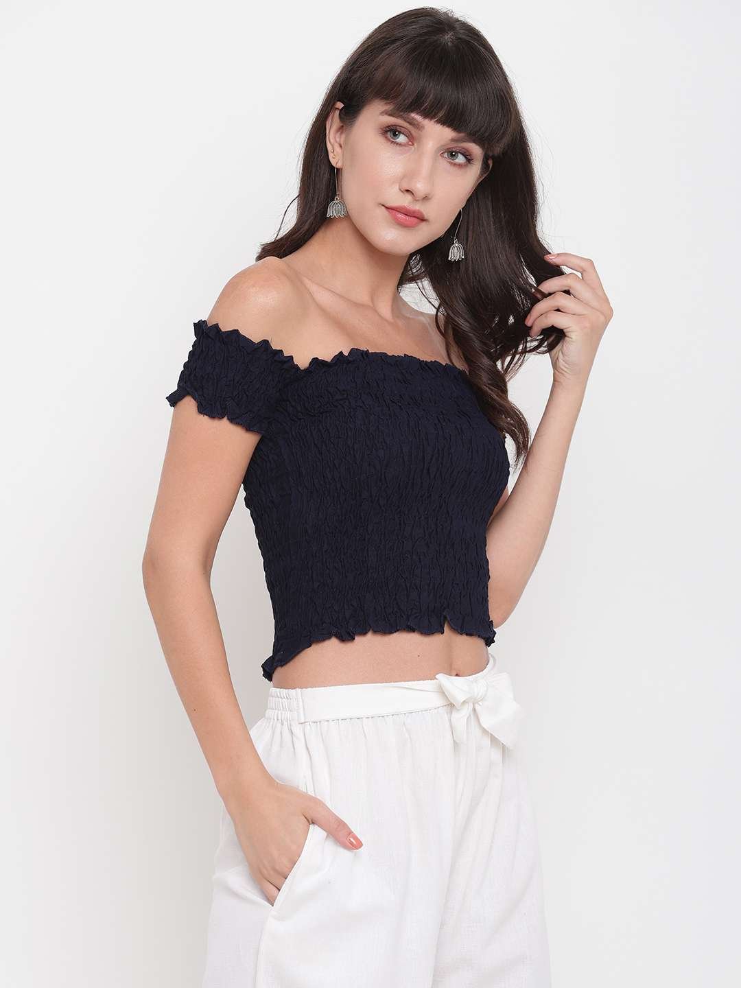Women's Rayon Solid Off-Shoulder Smocked Crop Top Short Sleeve Casual Styles Tank Top (FREE SIZE) Multi20